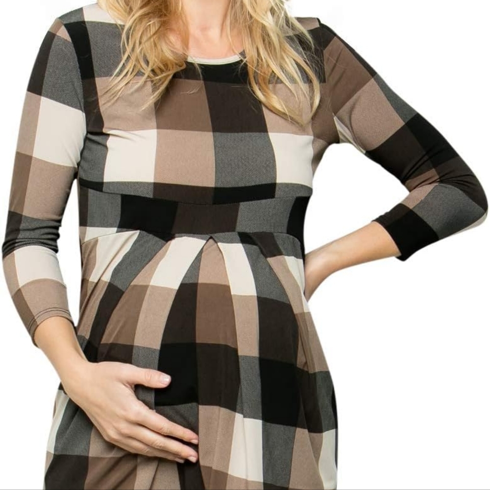 La Clef Plaid Maternity Top - Black, Brown, Tan & White, Size Large